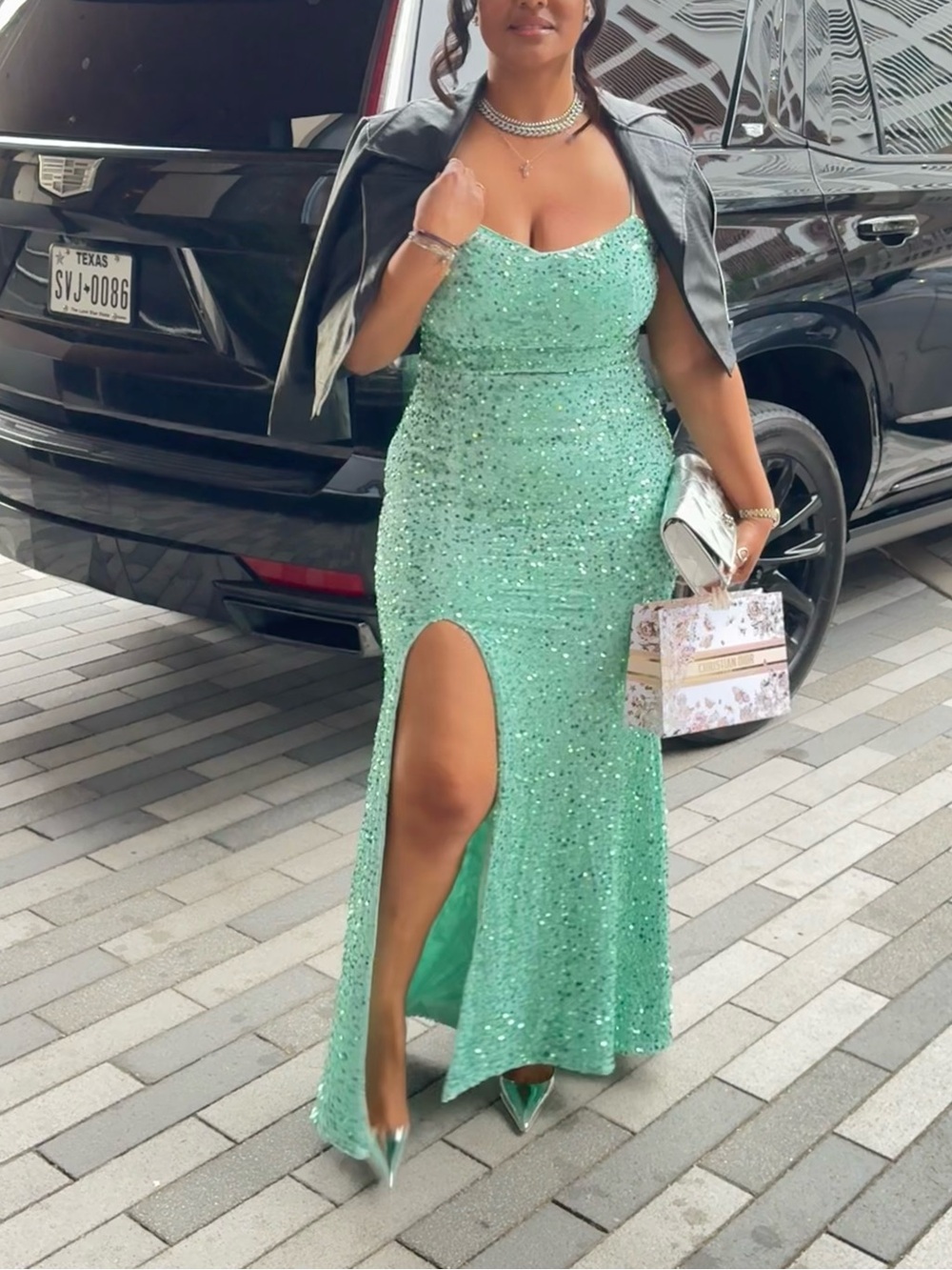 Seafoam Green Sequin Evening Gown with Front Slit